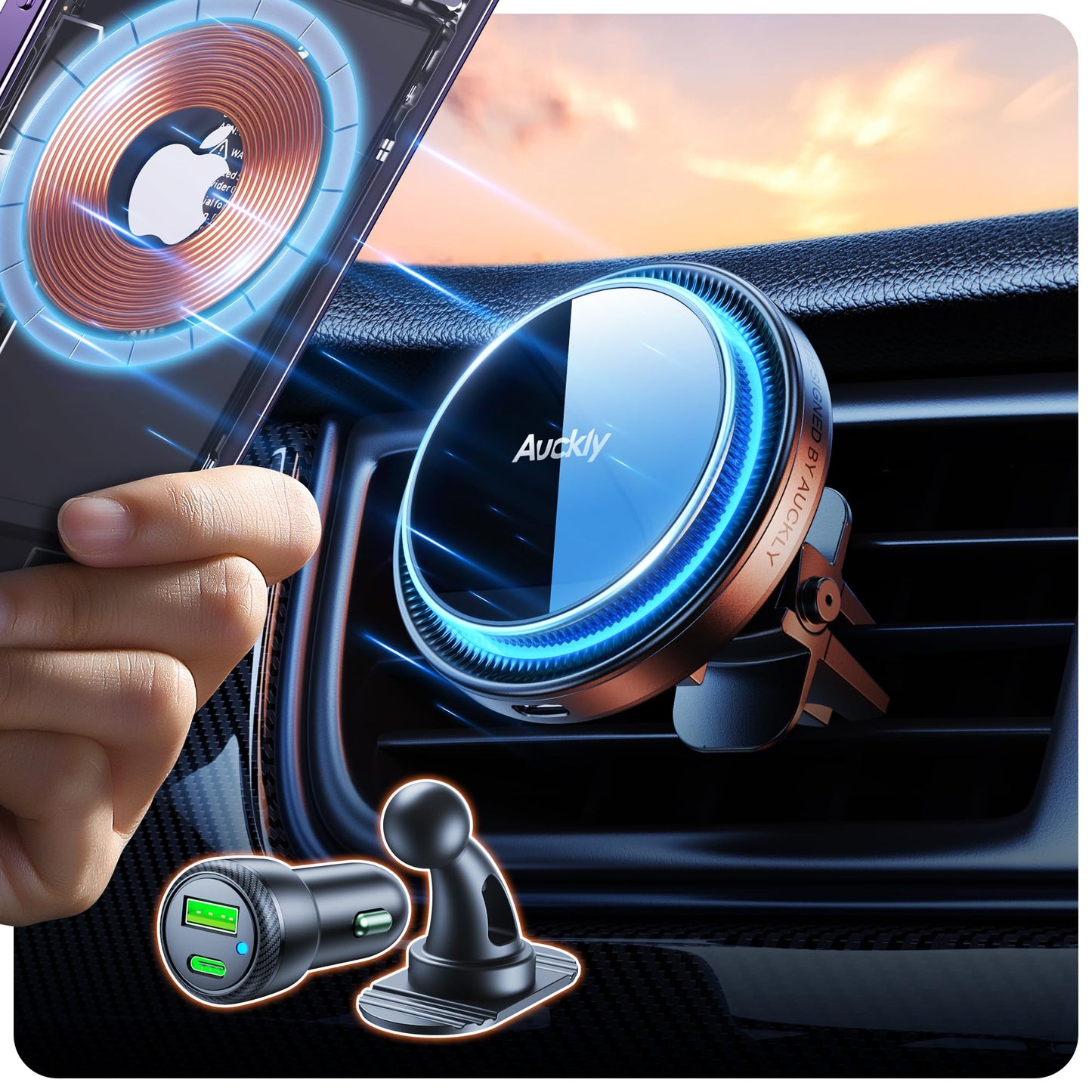 Auckly 15W Chargeur Support Voiture INDUCTION,【Chargeur QC3.0】Support Telephone Voiture Induction Magnétique sans fil porte Telephone pour iPhone 15/14/13/12 Pro/Max/Mini/Plus Samsung S24 Ultra S23 S22